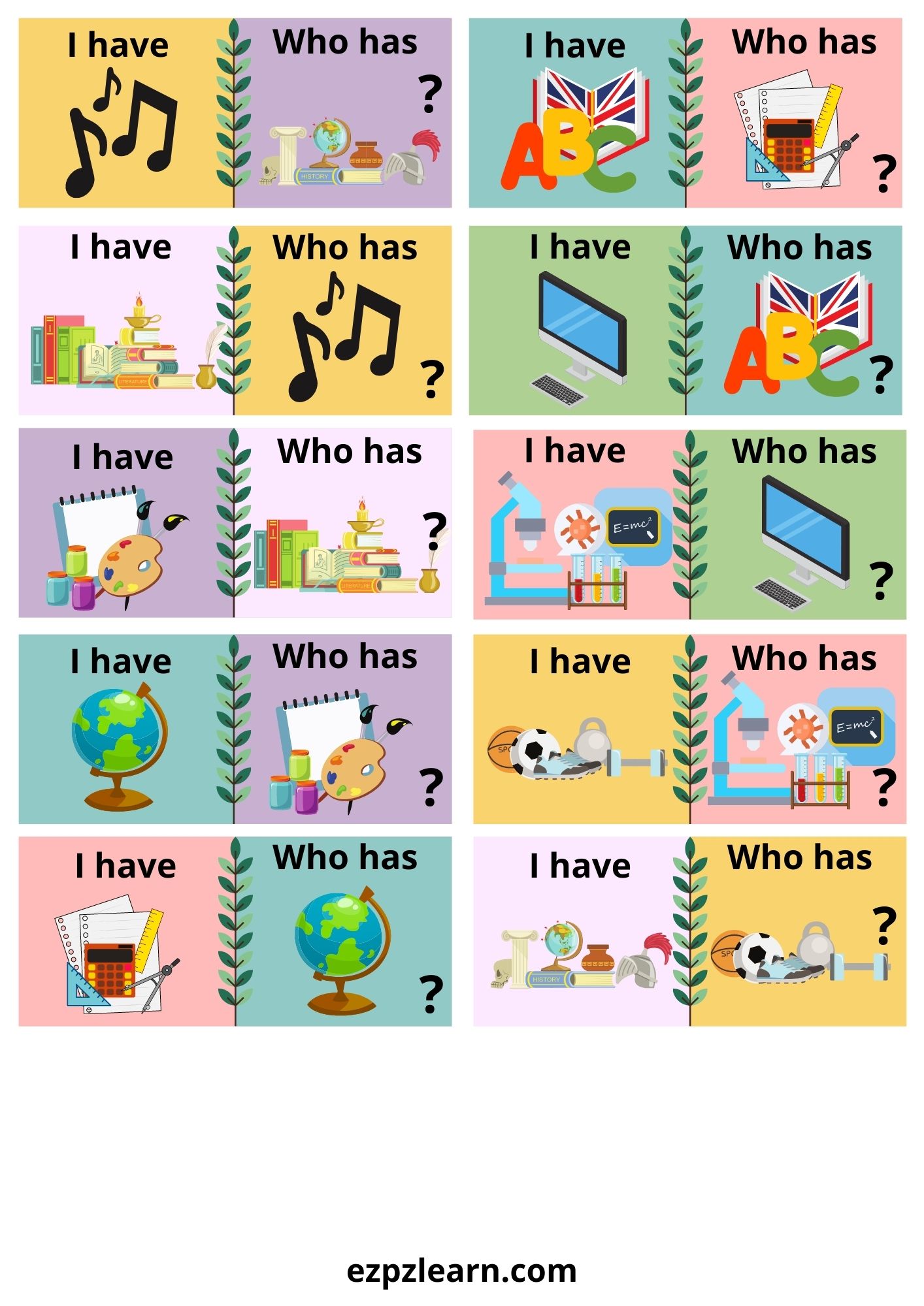 School Subjects I have Who has Game